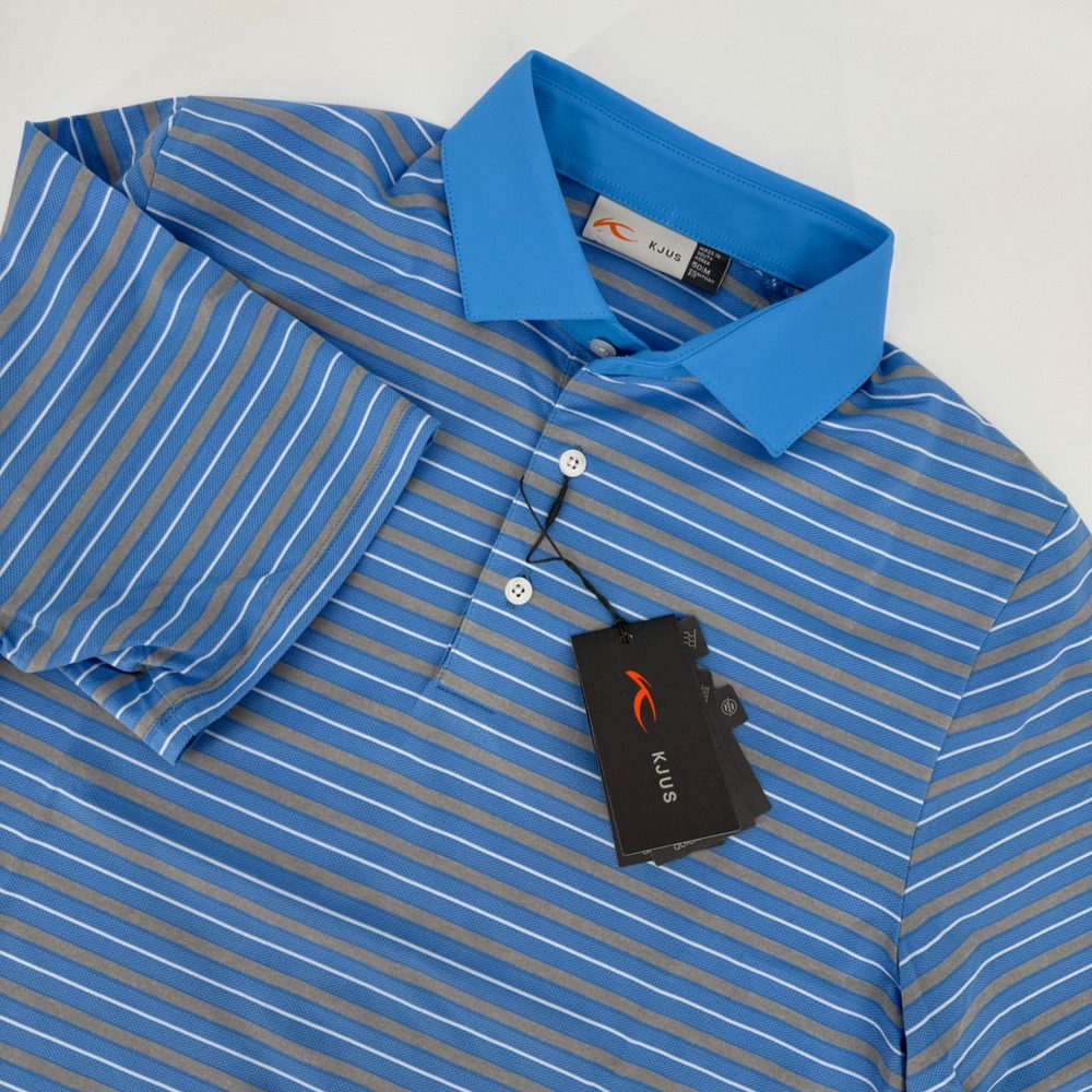 Kjus Mens Luis Multi Stripe Polo SS Blue Grey MG60-J01 Size 50 M Golf Shirt NEW